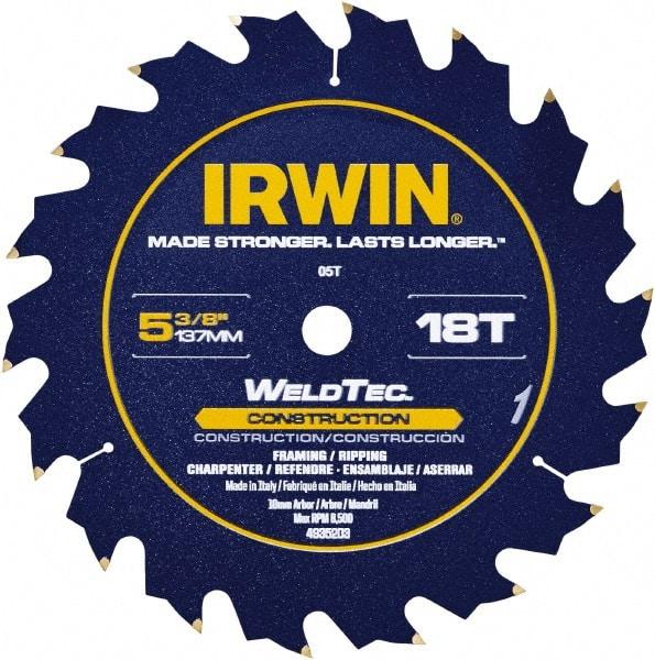 Irwin Blades - 5-3/8" Diam, 10mm Arbor Hole Diam, 18 Tooth Wet & Dry Cut Saw Blade - Carbide-Tipped, Straight Action, Standard Round Arbor - Caliber Tooling