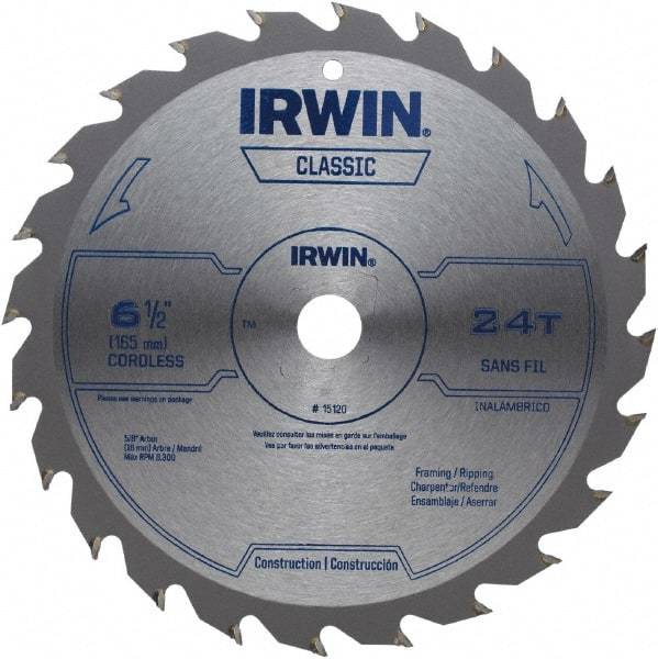 Irwin - 6-1/2" Diam, 5/8" Arbor Hole Diam, 24 Tooth Wet & Dry Cut Saw Blade - Carbide-Tipped, Smooth Action, Diamond Arbor - Caliber Tooling