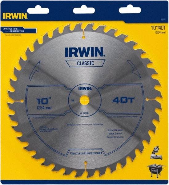 Irwin Blades - 10" Diam, 5/8" Arbor Hole Diam, 40 Tooth Wet & Dry Cut Saw Blade - Carbide-Tipped, Smooth Action, Diamond Arbor - Caliber Tooling