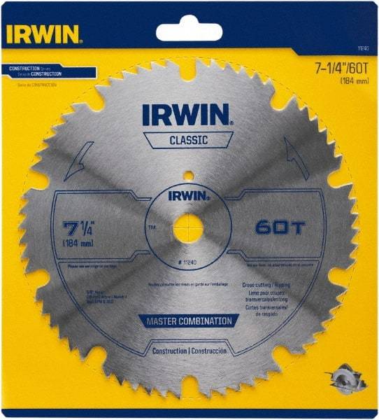 Irwin Blades - 7-1/4" Diam, 5/8" Arbor Hole Diam, 60 Tooth Wet & Dry Cut Saw Blade - High Carbon Steel, Smooth Action, Diamond Arbor - Caliber Tooling