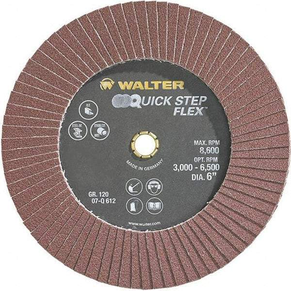 WALTER Surface Technologies - 120 Grit, 6" Disc Diam, Aluminum Oxide Flap Disc - 8,600 Max RPM, Fiber Backing, Hook & Loop Attaching System, Coated - Caliber Tooling