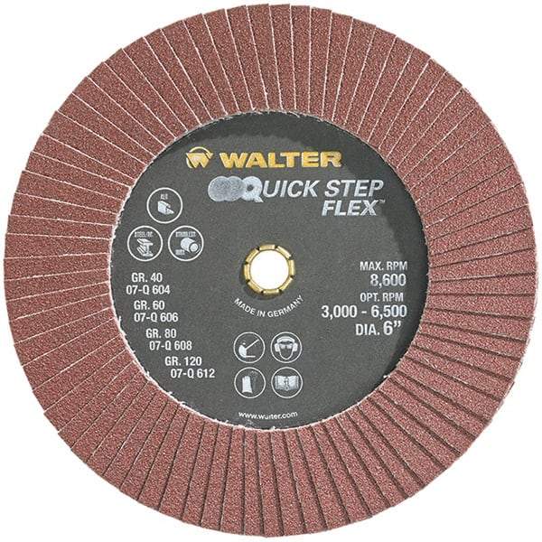 WALTER Surface Technologies - 80 Grit, 6" Disc Diam, Aluminum Oxide Flap Disc - 8,600 Max RPM, Fiber Backing, Hook & Loop Attaching System, Coated - Caliber Tooling