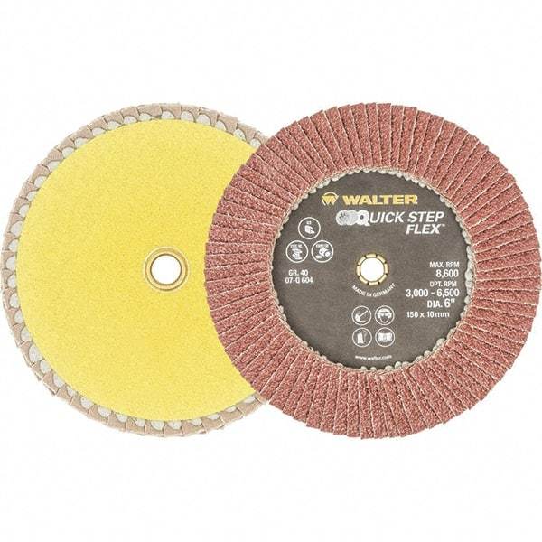 WALTER Surface Technologies - 40 Grit, 6" Disc Diam, Aluminum Oxide Flap Disc - 8,600 Max RPM, Fiber Backing, Hook & Loop Attaching System, Coated - Caliber Tooling