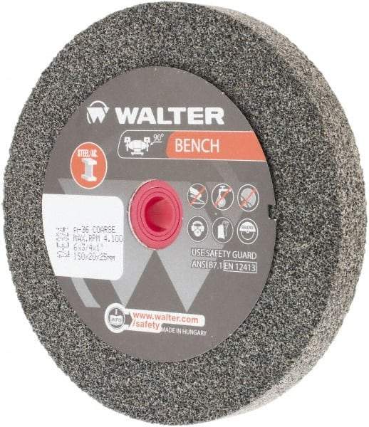 WALTER Surface Technologies - 36 Grit Aluminum Oxide Bench & Pedestal Grinding Wheel - 6" Diam x 1" Hole x 3/4" Thick, 4100 Max RPM, Coarse Grade, Vitrified Bond - Caliber Tooling