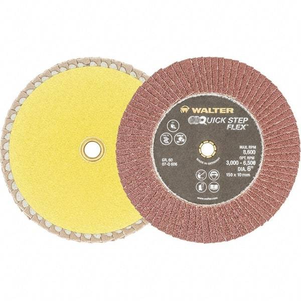 WALTER Surface Technologies - 60 Grit, 6" Disc Diam, Aluminum Oxide Flap Disc - 8,600 Max RPM, Fiber Backing, Hook & Loop Attaching System, Coated - Caliber Tooling