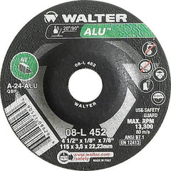 WALTER Surface Technologies - 24 Grit, 4-1/2" Wheel Diam, 1/8" Wheel Thickness, 7/8" Arbor Hole, Type 27 Depressed Center Wheel - Aluminum Oxide, Resinoid Bond, 13,300 Max RPM - Caliber Tooling