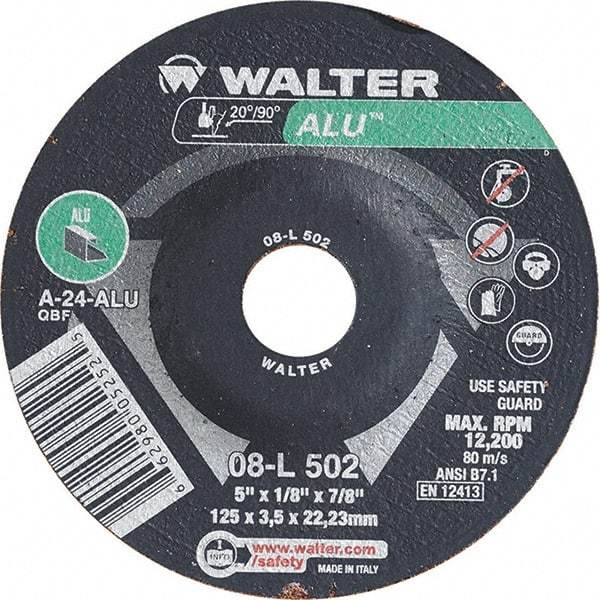 WALTER Surface Technologies - 24 Grit, 5" Wheel Diam, 1/8" Wheel Thickness, 7/8" Arbor Hole, Type 27 Depressed Center Wheel - Aluminum Oxide, Resinoid Bond, 12,200 Max RPM - Caliber Tooling