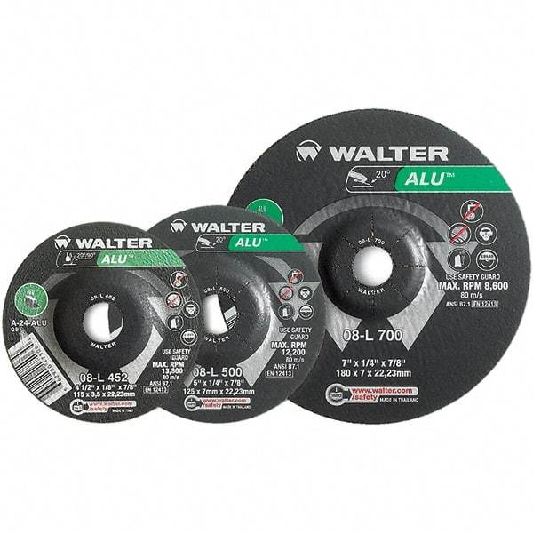 WALTER Surface Technologies - 24 Grit, 7" Wheel Diam, 1/4" Wheel Thickness, Type 27 Depressed Center Wheel - Aluminum Oxide, Resinoid Bond, 8,600 Max RPM - Caliber Tooling