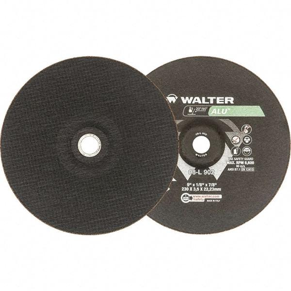 WALTER Surface Technologies - 24 Grit, 9" Wheel Diam, 1/8" Wheel Thickness, 7/8" Arbor Hole, Type 27 Depressed Center Wheel - Aluminum Oxide, Resinoid Bond, 6,600 Max RPM - Caliber Tooling