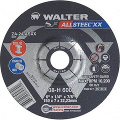 WALTER Surface Technologies - 24 Grit, 6" Wheel Diam, 1/4" Wheel Thickness, 7/8" Arbor Hole, Type 27 Depressed Center Wheel - Aluminum Oxide, Resinoid Bond, 10,200 Max RPM - Caliber Tooling