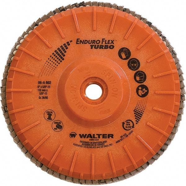 WALTER Surface Technologies - 36 & 60 Grit, 6" Disc Diam, 5/8-11 Center Hole, Type 28 Ceramic Flap Disc - 10,200 Max RPM, Plastic Backing, Arbor Attaching System, Coated - Caliber Tooling