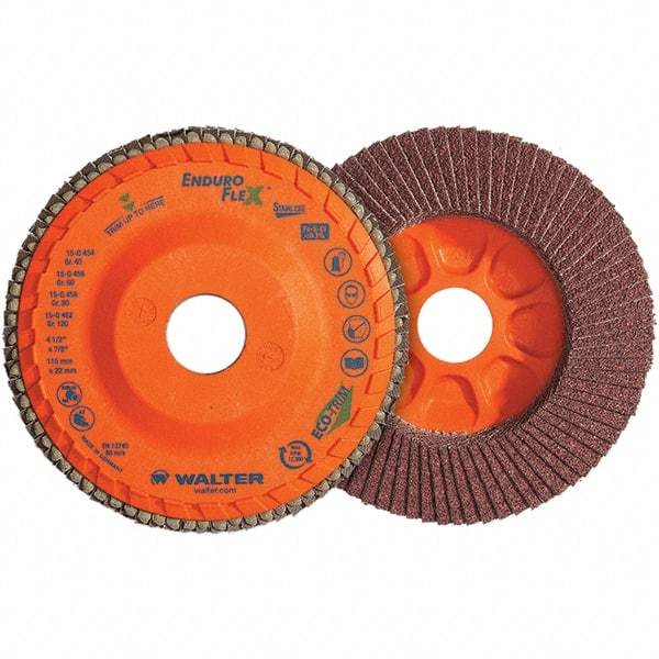 WALTER Surface Technologies - 120 Grit, 6" Disc Diam, 5/8-11 Center Hole, Type 28 Ceramic Flap Disc - 10,200 Max RPM, Plastic Backing, Arbor Attaching System, Coated - Caliber Tooling