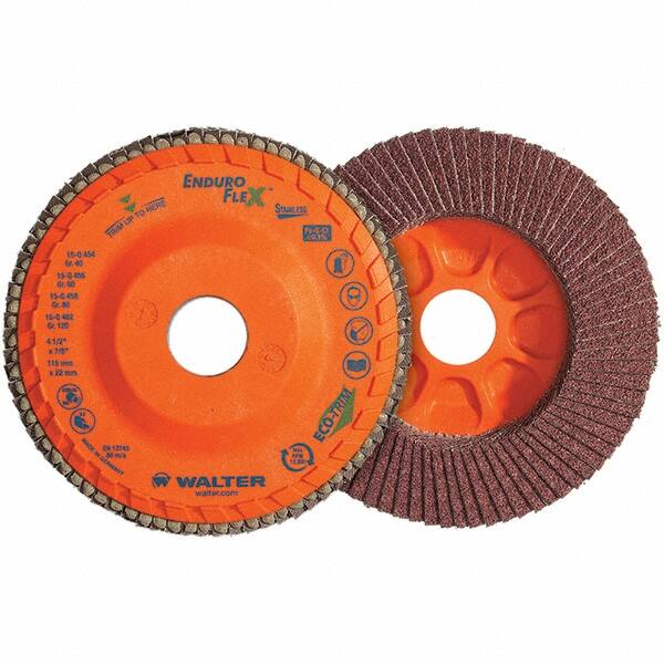 WALTER Surface Technologies - 120 Grit, 5" Disc Diam, 7/8" Center Hole, Type 28 Ceramic Flap Disc - 12,200 Max RPM, Plastic Backing, Arbor Attaching System, Coated - Caliber Tooling