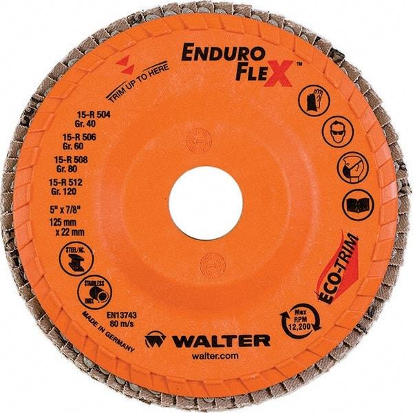 WALTER Surface Technologies - 80 Grit, 5" Disc Diam, 7/8" Center Hole, Type 28 Ceramic Flap Disc - 12,200 Max RPM, Plastic Backing, Arbor Attaching System, Coated - Caliber Tooling