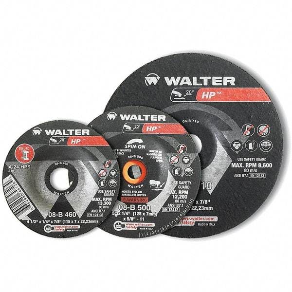 WALTER Surface Technologies - 24 Grit, 3" Wheel Diam, 1/8" Wheel Thickness, 3/8" Arbor Hole, Type 27 Depressed Center Wheel - Aluminum Oxide, Resinoid Bond, 20,000 Max RPM - Caliber Tooling