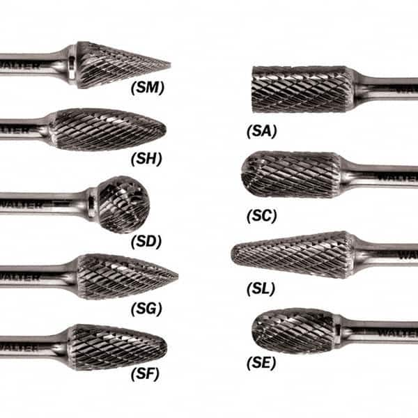 WALTER Surface Technologies - 1/2" Cut Diam, 1/4" Shank Diam, Flame Head Double Cut Burr - Carbide, 1-1/4" LOC - Caliber Tooling