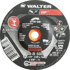 WALTER Surface Technologies - 24 Grit, 5" Wheel Diam, 1/4" Wheel Thickness, Type 27 Depressed Center Wheel - Aluminum Oxide, Resinoid Bond, 12,200 Max RPM - Caliber Tooling