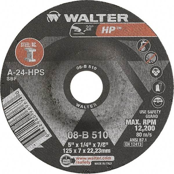 WALTER Surface Technologies - 24 Grit, 5" Wheel Diam, 1/4" Wheel Thickness, 7/8" Arbor Hole, Type 27 Depressed Center Wheel - Aluminum Oxide, Resinoid Bond, 12,200 Max RPM - Caliber Tooling