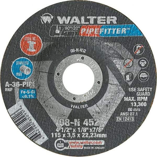 WALTER Surface Technologies - 36 Grit, 4-1/2" Wheel Diam, 1/8" Wheel Thickness, 7/8" Arbor Hole, Type 27 Depressed Center Wheel - Aluminum Oxide/Silicon Carbide Blend, Resinoid Bond, 13,300 Max RPM, Compatible with Angle Grinder - Caliber Tooling