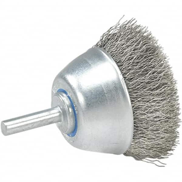 WALTER Surface Technologies - 2-3/8" Diam, 1/4" Shank Diam, Stainless Steel Fill Cup Brush - 0.0118 Wire Diam, 13,000 Max RPM - Caliber Tooling