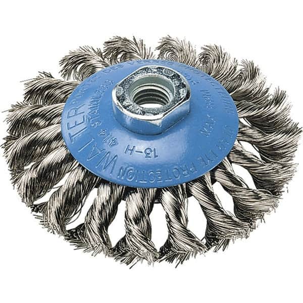 WALTER Surface Technologies - 5" Diam, 5/8-11 Threaded Arbor, Stainless Steel Fill Cup Brush - 0.02 Wire Diam, 15,000 Max RPM - Caliber Tooling