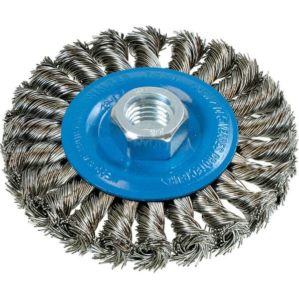 WALTER Surface Technologies - 4" OD, 5/8-11 Arbor Hole, Knotted Stainless Steel Wheel Brush - 3/8" Face Width, 0.02" Filament Diam, 20,000 RPM - Caliber Tooling