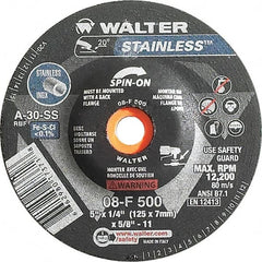 WALTER Surface Technologies - 30 Grit, 5" Wheel Diam, 1/4" Wheel Thickness, Type 27 Depressed Center Wheel - Aluminum Oxide, Resinoid Bond, 12,200 Max RPM - Caliber Tooling