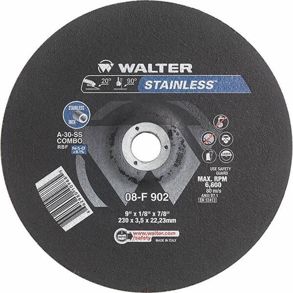 WALTER Surface Technologies - 30 Grit, 9" Wheel Diam, 1/8" Wheel Thickness, 7/8" Arbor Hole, Type 27 Depressed Center Wheel - Aluminum Oxide, Resinoid Bond, 6,600 Max RPM - Caliber Tooling