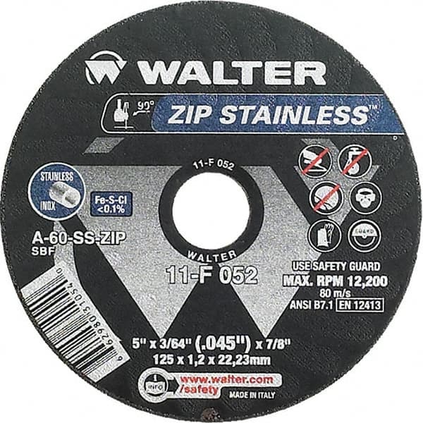 WALTER Surface Technologies - 5" 60 Grit Aluminum Oxide/Silicon Carbide Blend Cutoff Wheel - 3/64" Thick, 7/8" Arbor, 12,200 Max RPM, Use with Angle Grinders - Caliber Tooling