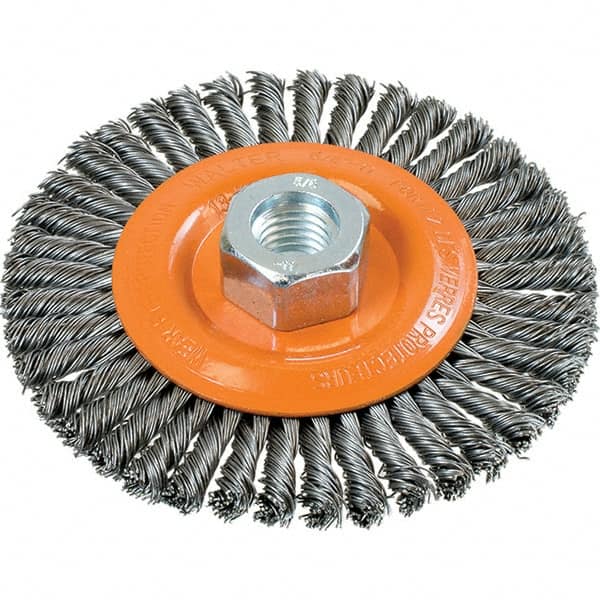 WALTER Surface Technologies - 4-1/2" OD, 5/8-11 Arbor Hole, Stringer Bead Steel Wheel Brush - 3/16" Face Width, 0.02" Filament Diam, 15,000 RPM - Caliber Tooling