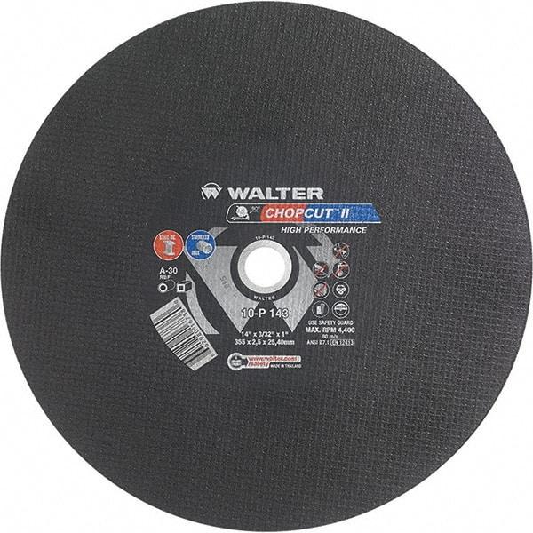 WALTER Surface Technologies - 14" 30 Grit Aluminum Oxide Cutoff Wheel - 3/32" Thick, 1" Arbor, 4,400 Max RPM, Use with Chop Saws - Caliber Tooling