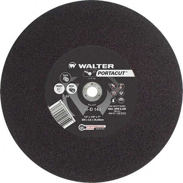 WALTER Surface Technologies - 14" 24 Grit Aluminum Oxide Cutoff Wheel - 1/8" Thick, 1" Arbor, 5,400 Max RPM, Use with Electric & Gas Powered Saws - Caliber Tooling