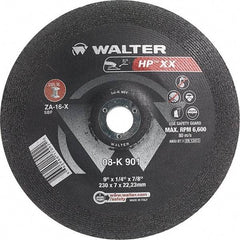 WALTER Surface Technologies - 16 Grit, 9" Wheel Diam, 1/4" Wheel Thickness, 7/8" Arbor Hole, Type 28 Depressed Center Wheel - Aluminum Oxide, Resinoid Bond, 6,600 Max RPM - Caliber Tooling