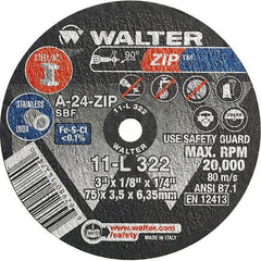 WALTER Surface Technologies - 3" 24 Grit Aluminum Oxide Cutoff Wheel - 1/8" Thick, 1/4" Arbor, 25,470 Max RPM, Use with Die Grinders - Caliber Tooling