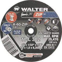 WALTER Surface Technologies - 3" 60 Grit Aluminum Oxide Cutoff Wheel - 1/32" Thick, 1/4" Arbor, 25,470 Max RPM, Use with Die Grinders - Caliber Tooling