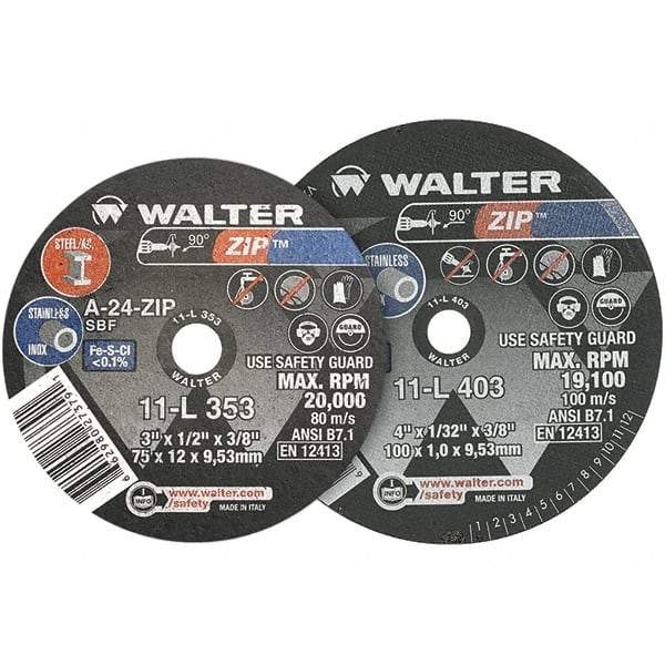 WALTER Surface Technologies - 3" 24 Grit Aluminum Oxide Cutoff Wheel - 1/8" Thick, 3/8" Arbor, 25,470 Max RPM, Use with Die Grinders - Caliber Tooling