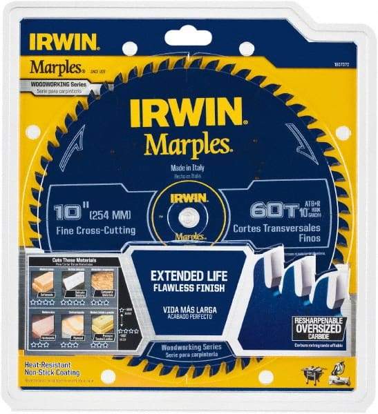 Irwin Blades - 10" Diam, 5/8" Arbor Hole Diam, 60 Tooth Wet & Dry Cut Saw Blade - Carbide-Tipped, Finishing Action, Standard Round Arbor - Caliber Tooling