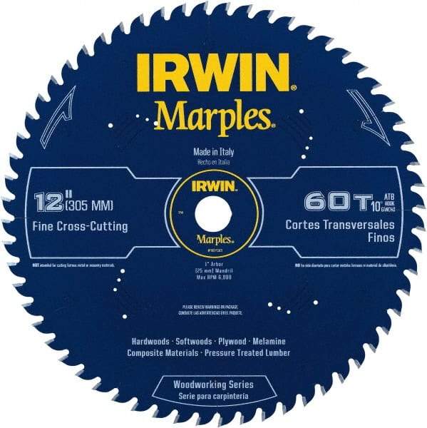 Irwin - 12" Diam, 1" Arbor Hole Diam, 60 Tooth Wet & Dry Cut Saw Blade - Carbide-Tipped, Finishing Action, Standard Round Arbor - Caliber Tooling