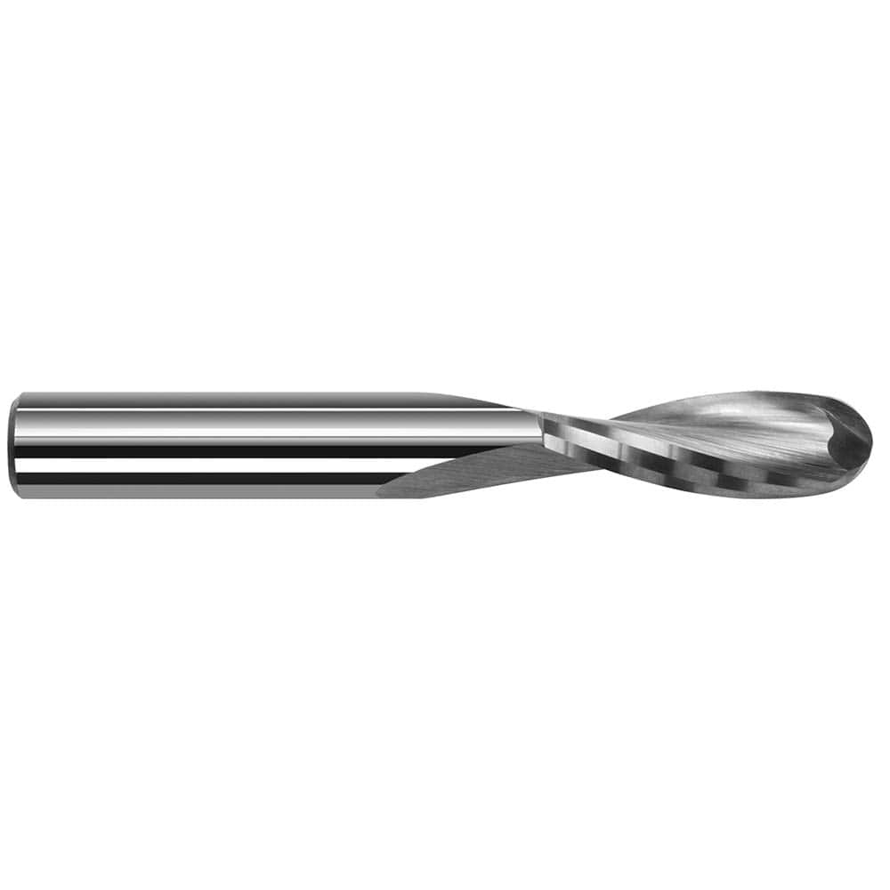 Ball End Mill: 0.0625″ Dia, 0.312″ LOC, 2 Flute, Solid Carbide 2″ OAL, 1/8″ Shank Dia, 20 ° Helix, Uncoated, Single End