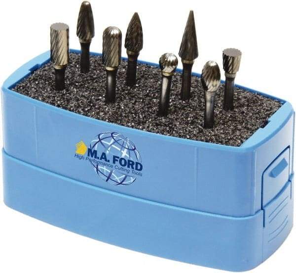 M.A. Ford - 8 Piece, 3mm Shank Burr Set - Solid Carbide, Multiple Head Shapes, 3° Included Angle - Caliber Tooling