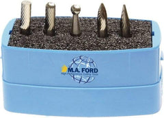 M.A. Ford - 5 Piece, 6mm Shank Burr Set - Solid Carbide, Multiple Head Shapes, 6° Included Angle - Caliber Tooling