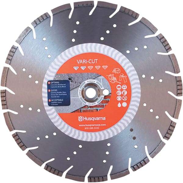 Husqvarna - 14" Diam, 25/32 & 1" Arbor Hole Diam, Continuous Edge Tooth Wet & Dry Cut Saw Blade - Diamond-Tipped, General Purpose Action, Standard Round Arbor - Caliber Tooling