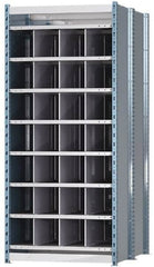 Hallowell - 28 Bin Heavy-Duty Deep Bin Industrial Shelving - 36 Inch Overall Width x 48 Inch Overall Depth x 87 Inch Overall Height, Blue and Platinum Steel Bins - Caliber Tooling