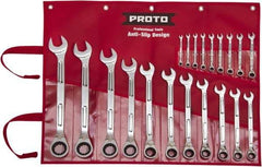 Proto - 20 Piece, 6mm to 32mm, Ratcheting Combination Wrench Set - Metric Measurement Standard, Full Polish Finish, Comes in Pouch - Caliber Tooling