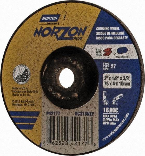 Norton - 24 Grit, 3" Wheel Diam, 1/8" Wheel Thickness, 3/8" Arbor Hole, Type 27 Depressed Center Wheel - Ceramic, 18,000 Max RPM - Caliber Tooling