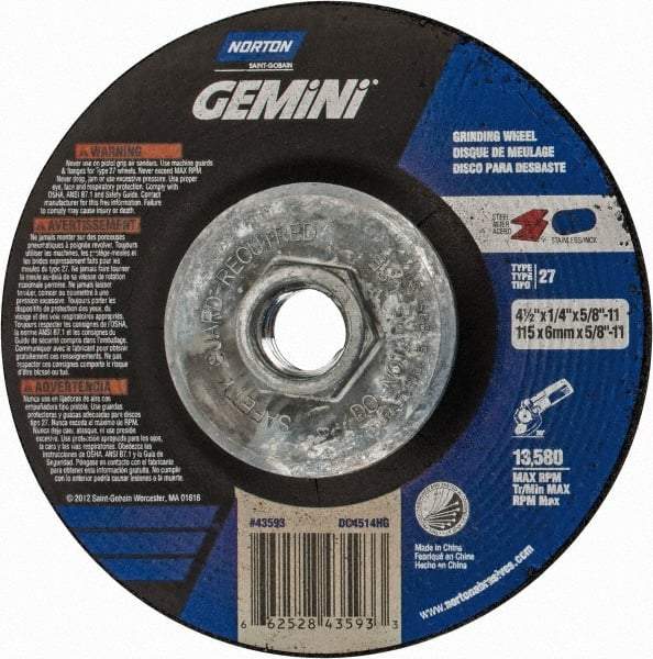 Norton - 24 Grit, 4-1/2" Wheel Diam, 1/4" Wheel Thickness, Type 27 Depressed Center Wheel - Aluminum Oxide, 13,580 Max RPM - Caliber Tooling