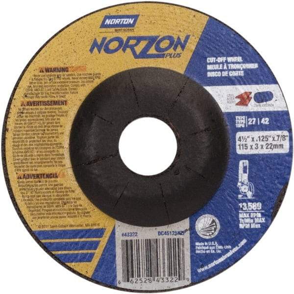 Norton - 36 Grit, 4-1/2" Wheel Diam, 1/8" Wheel Thickness, 7/8" Arbor Hole, Type 27 Depressed Center Wheel - Ceramic, 13,580 Max RPM - Caliber Tooling