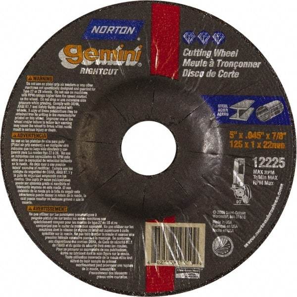 Norton - 46 Grit, 5" Wheel Diam, 7/8" Arbor Hole, Type 27 Depressed Center Wheel - Aluminum Oxide - Caliber Tooling