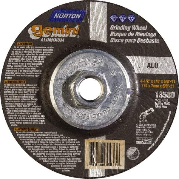 Norton - 24 Grit, 4-1/2" Wheel Diam, 1/4" Wheel Thickness, Type 27 Depressed Center Wheel - Aluminum Oxide, 13,580 Max RPM - Caliber Tooling