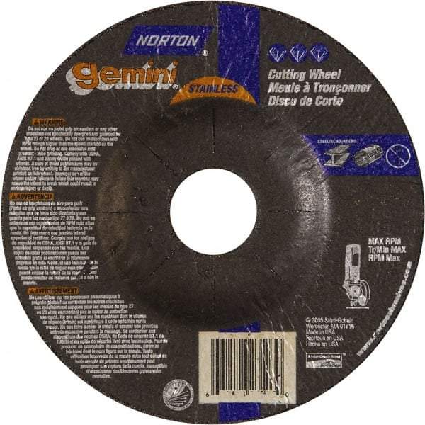 Norton - 36 Grit, 5" Wheel Diam, 3/32" Wheel Thickness, 7/8" Arbor Hole, Type 27 Depressed Center Wheel - Aluminum Oxide - Caliber Tooling